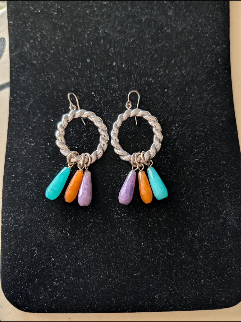 Sterling Silver Hoop Earrings with Turquoise, Orange & Lilac Teardrop Dangles